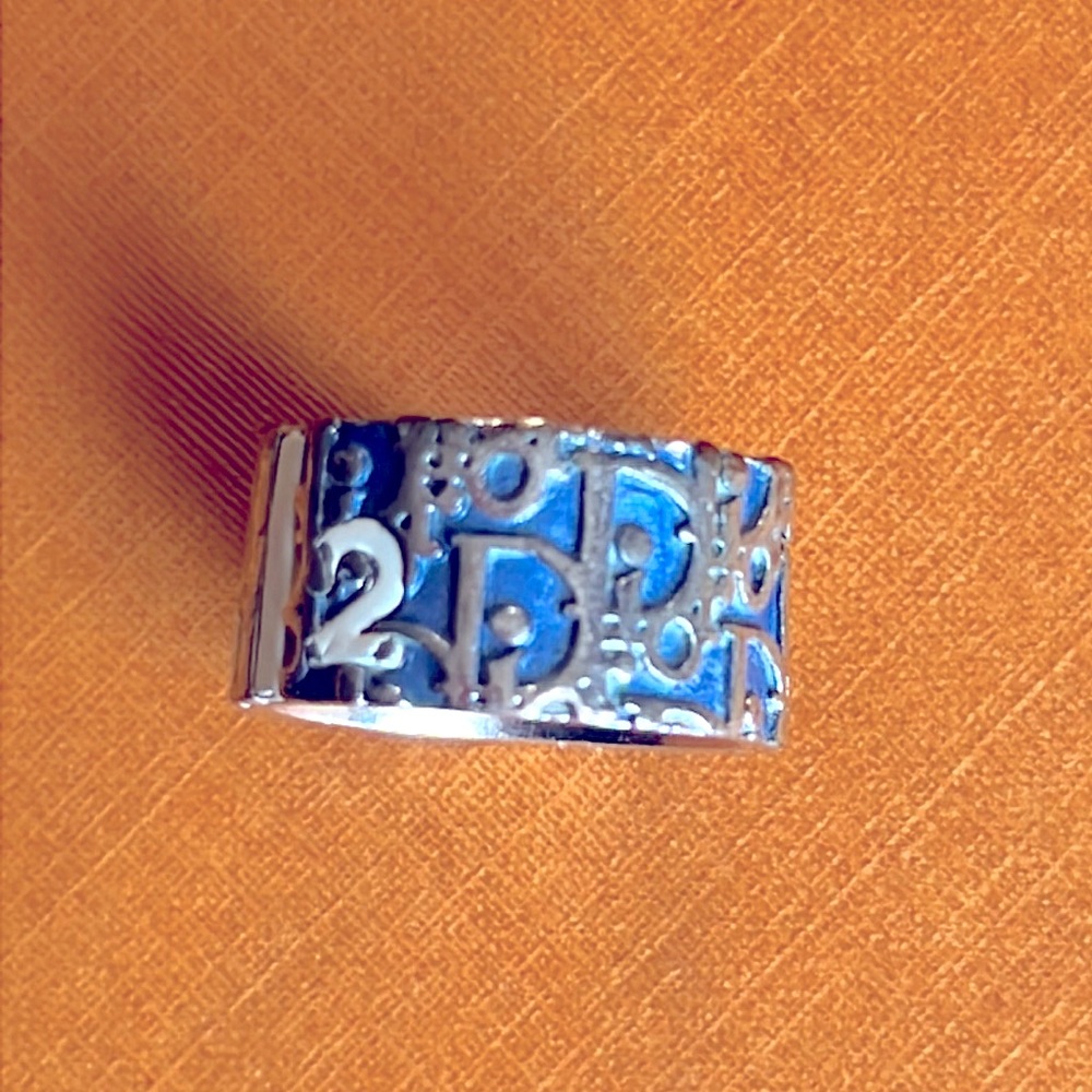Christian Dior Logo Ring Trotter Pattern Light Blue  Silver marked Authentic